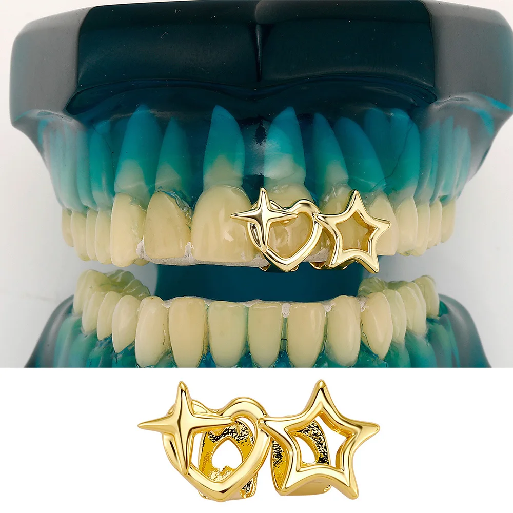 YOUNGX Y2K Vintage Double Hollow Star Teeth Grillz Hip Hop Hotties Heart Tooth Caps For Women Men Jewelry Christmas Cosplay Gift