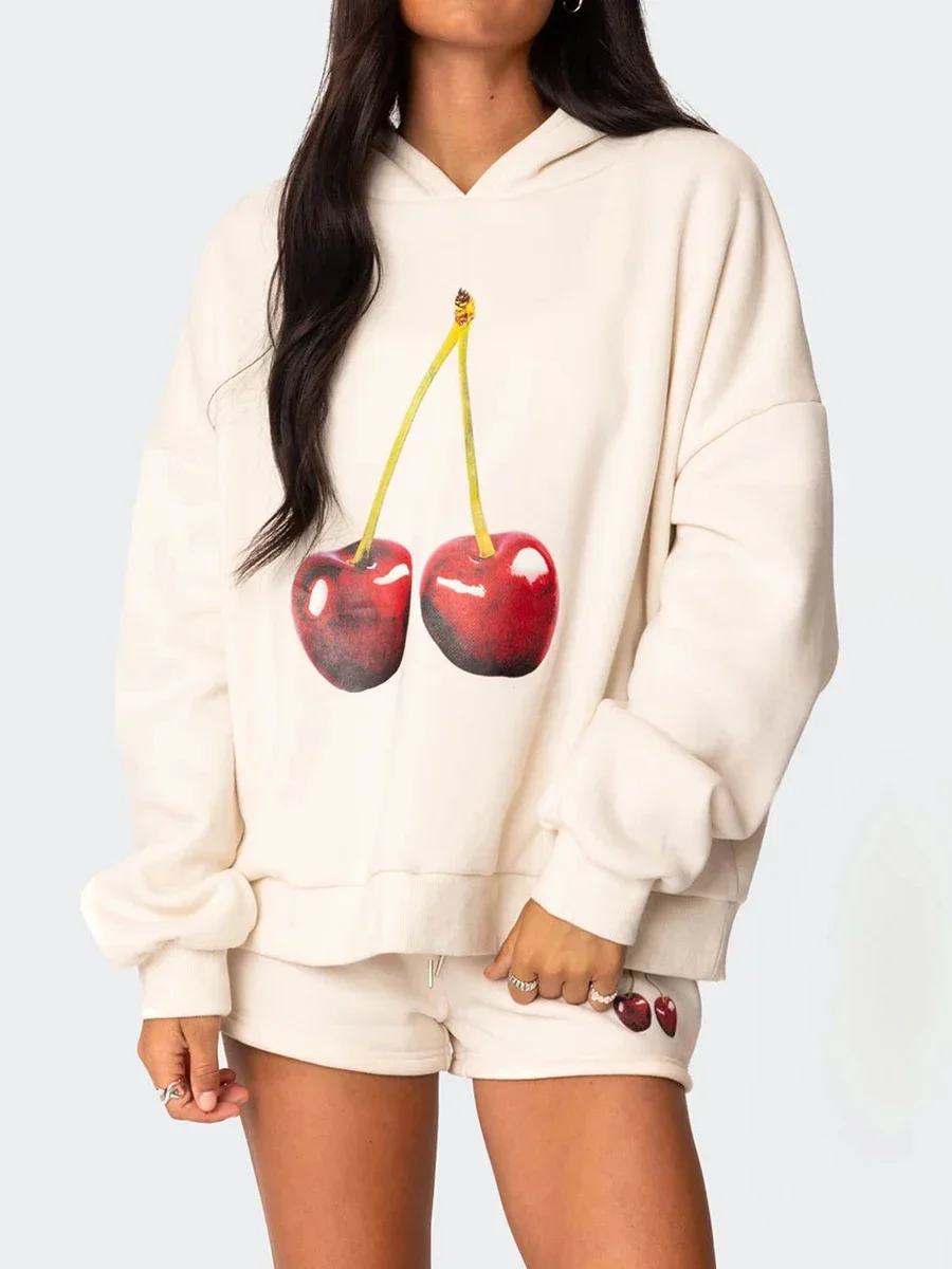 New Fashion Women Hoodie Long Sleeve Cherry Print Hooded Sweatshirt Pullover Fall Casual Tops Club Street Style S M L