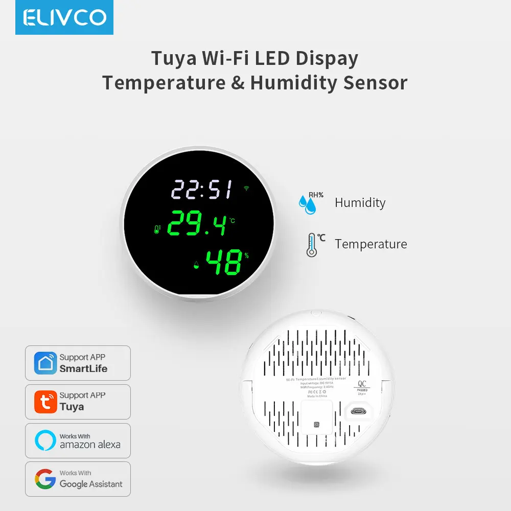 Tuya WiFi Temperature Humidity Sensor,Smart Indoor Hygrometer Thermometer,With LCD Display Backlight,Support Google Home Alexa