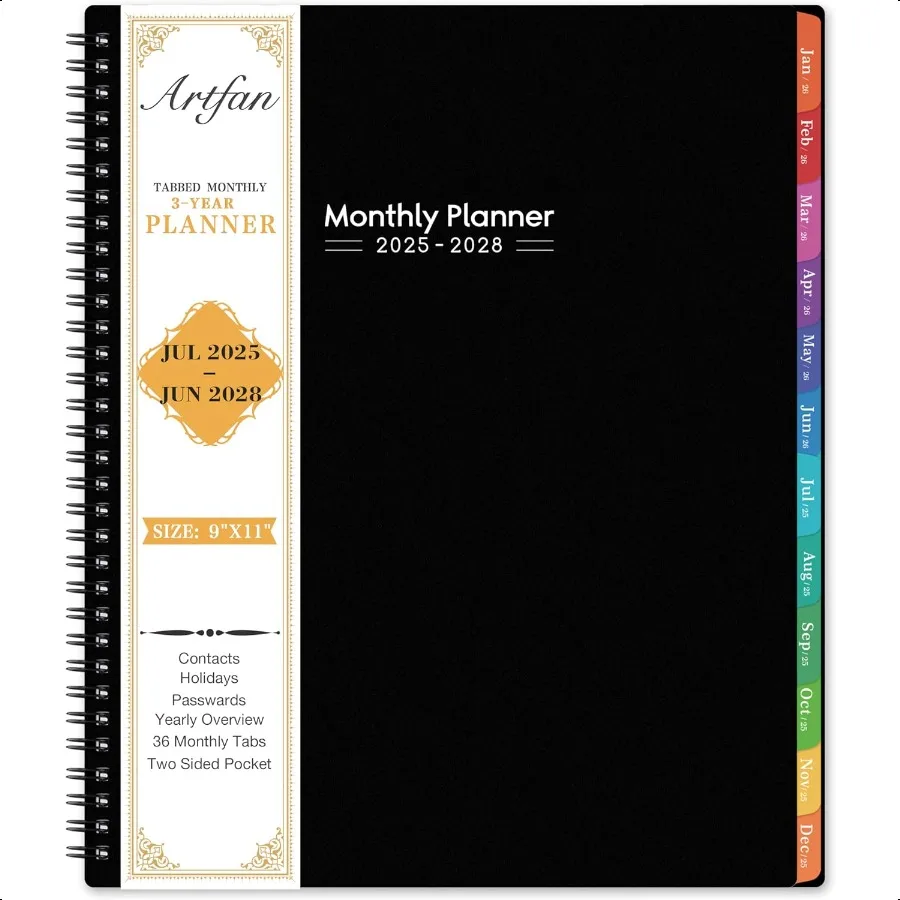 

20252028 Monthly Calendar 3 Year 20252028 Jul.2025 Jun.2028 9" x 11" 36 Monthly Calendar with Colorful Tabs Inner Pockets Bla