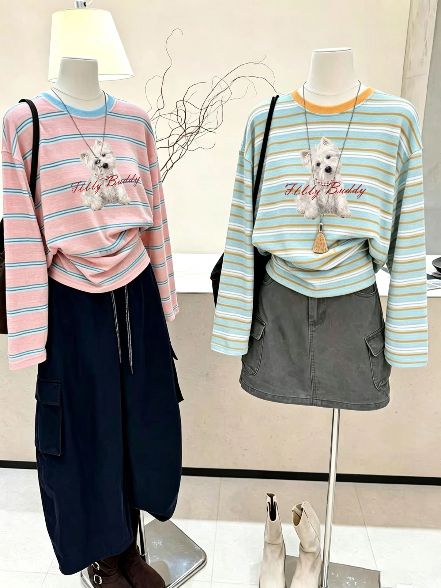 Loose Long Sleeve T-Shirt Women's Korean Style Rainbow Stripes Print Cotton Casual Top Slimming Cover up Shirt for Autumn
