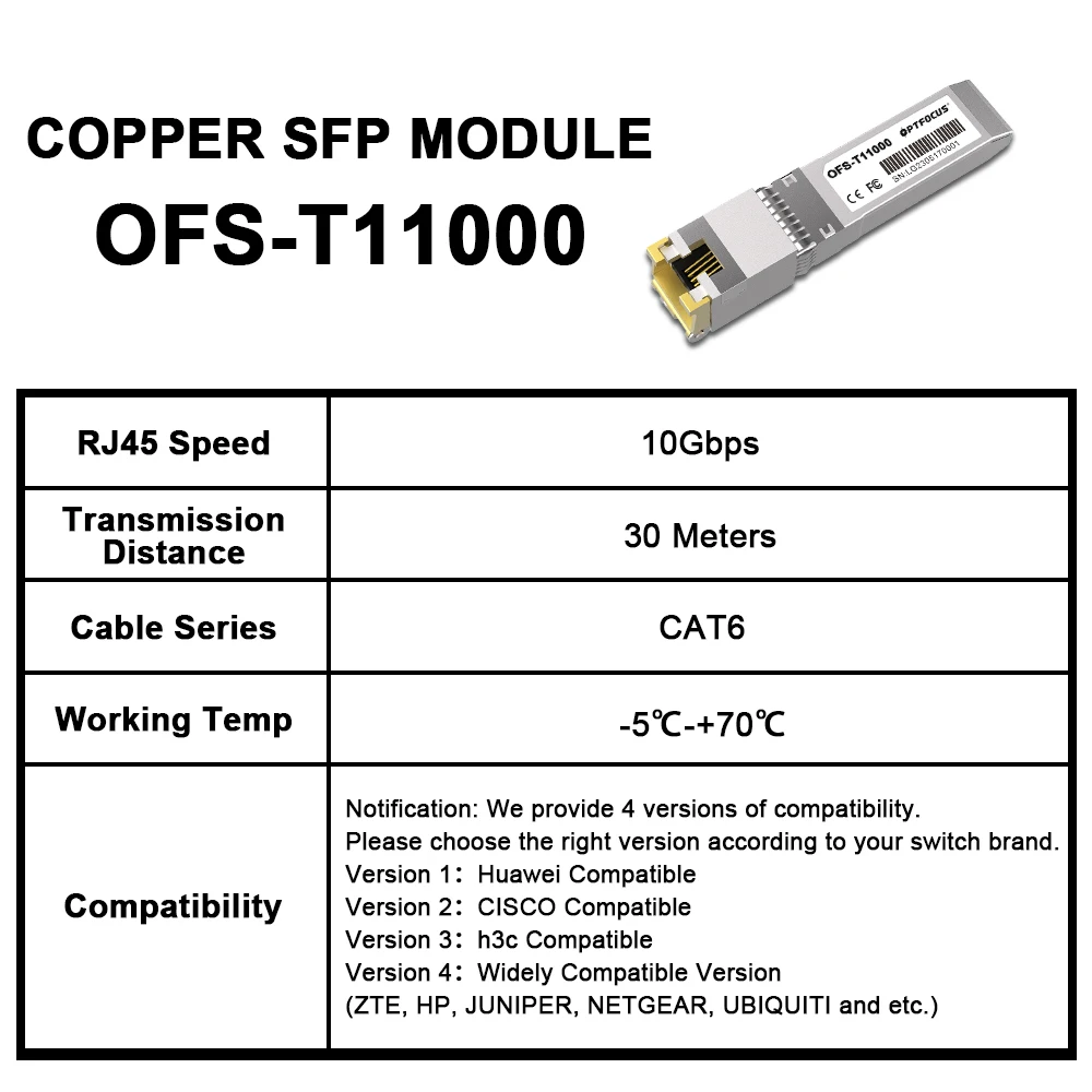 OPTFOCUS 10Gbps RJ45 SFP+ Module 1000M Fiber to Ethernet Transceiver Full Compatible Copper Cable CAT6 For SFP Switch Network