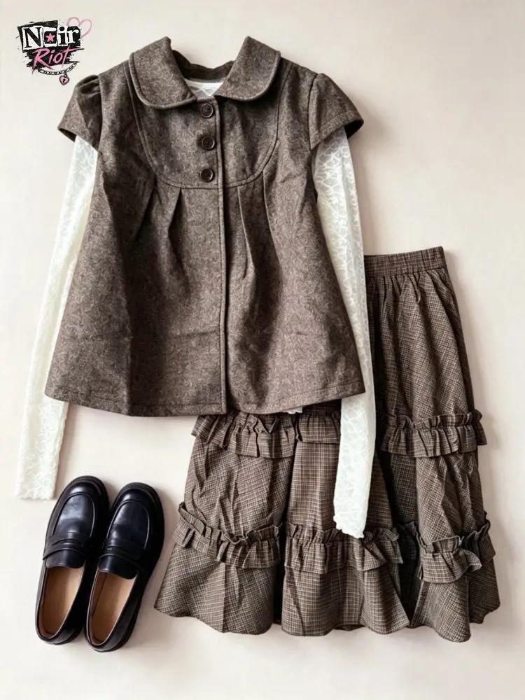 Vintage Sweet 3 Piece Set Women Peter Pan Collar Puff Sleeve Vest Top Long Lace Sleeve Ruffle Skirt Loose Fit Casual Outfit 2026