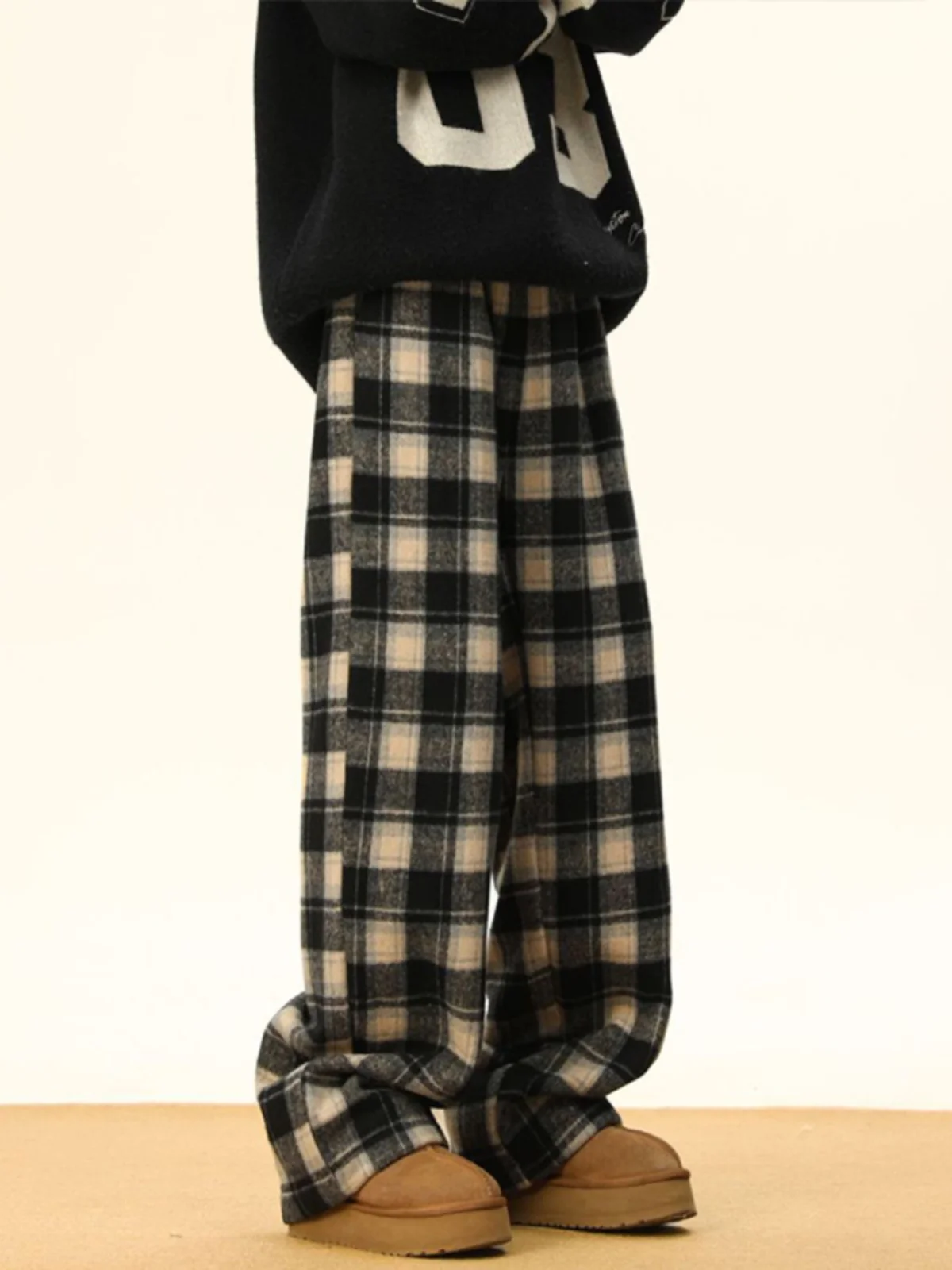 

Мужские шерстяные брюки в клетку с флисовой подкладкой, широкие брюки свободного кроя, осенне-зимние утепленные хлопковые брюки американского модного бренда для пар