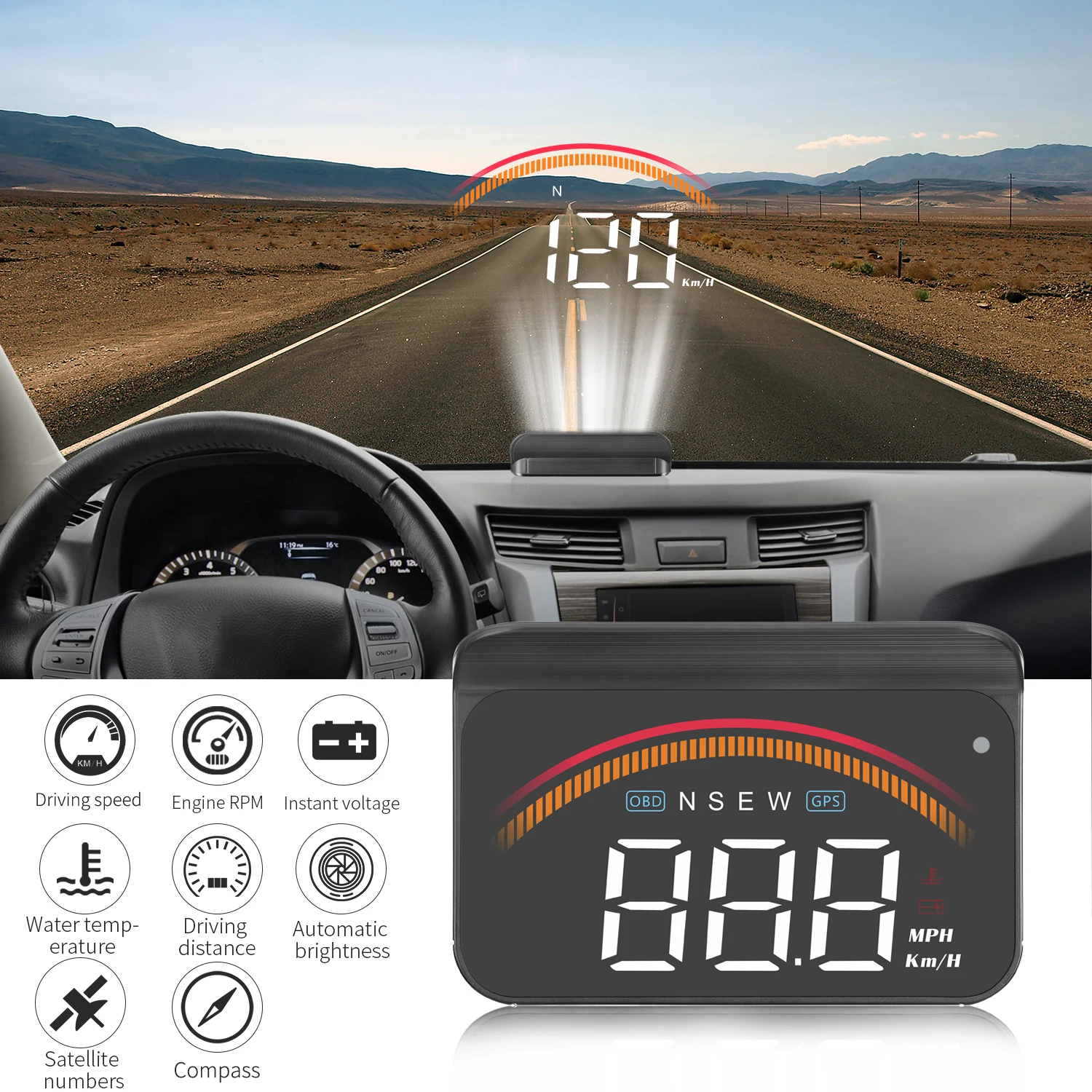 

M11 GPS OBD2 Проекционный дисплей (HUD) с функцией автоспидометра, GPS, индикацией температуры воды и сигнализацией о превышении скорости для всех автомобилей