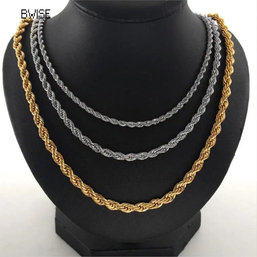 Bwise  3/4MM 316L Rope Chain Necklace Stainless Steel Never Fade Waterproof Choker Men Women Jewelry Gold Color Chains Gif