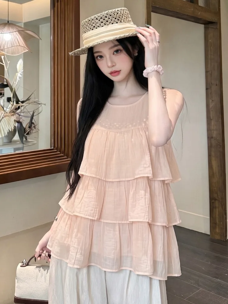 

Elegant Women's Sleeveless Vest Summer New Style Slimming Waist Design Ruffle Hem Layering Trendy Top Citywalk Versatile Shirt