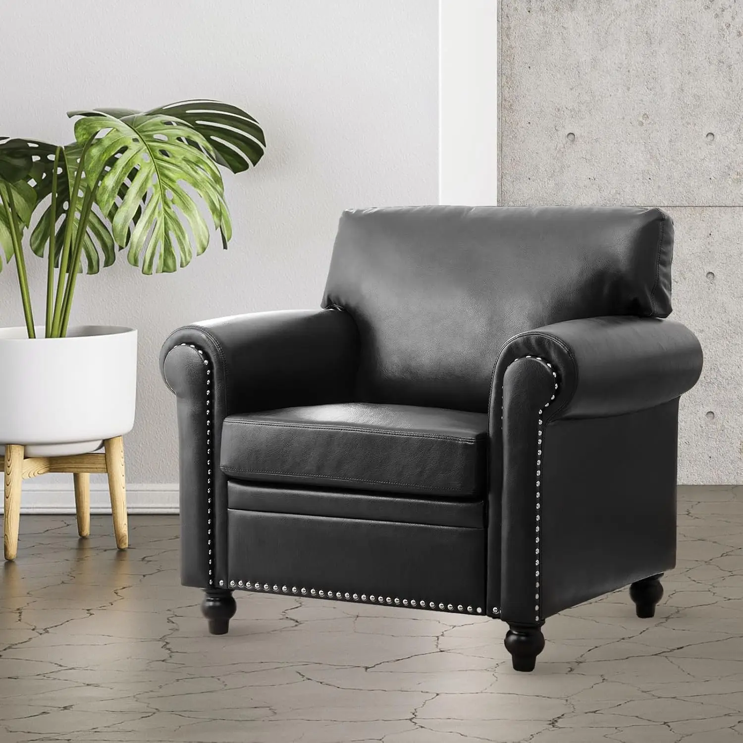 Faux Leather 3-Seat Sofa with Nailhead Trim & Solid Wood Legs for Living Room, Office, Apartment, Black, Customized
