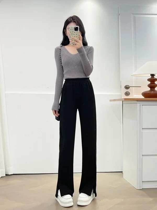 

Black Fleece Lined Straight Leg Pants High Waist Elastic Waist Casual Trousers for Women plus Size with Slit Daily Wear