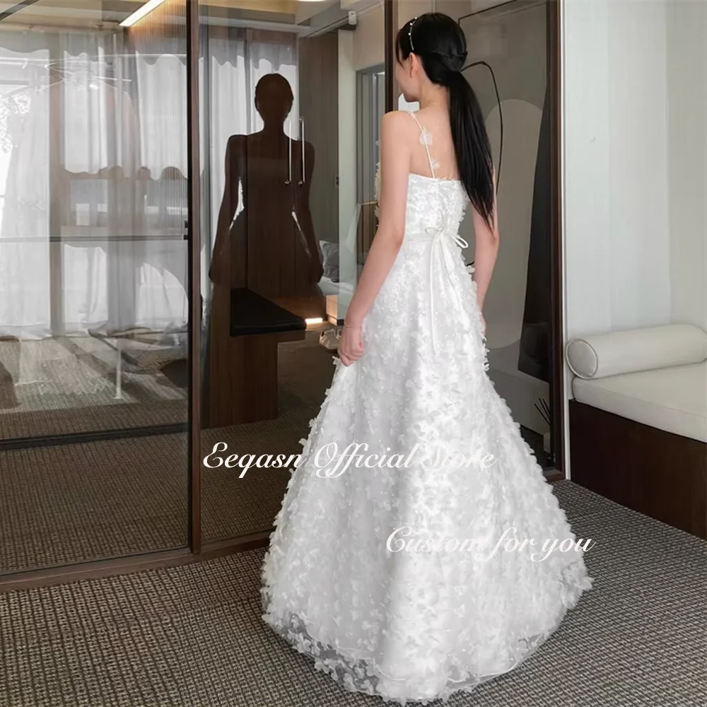 2025 Dreamy A Line Abiti da sposa Lungo pizzo Lunghezza pavimento Corea Servizio fotografico Abiti da sposa country formali senza spalline Personalizzati