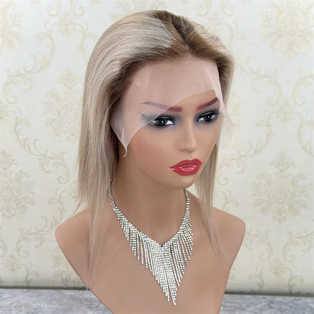 

Chinese Virgin Human Hair Wigs Ash Blonde Highlights Lace Front Wigs Short Straight 13x4 HD Lace Glueless Wigs Easy to Wear