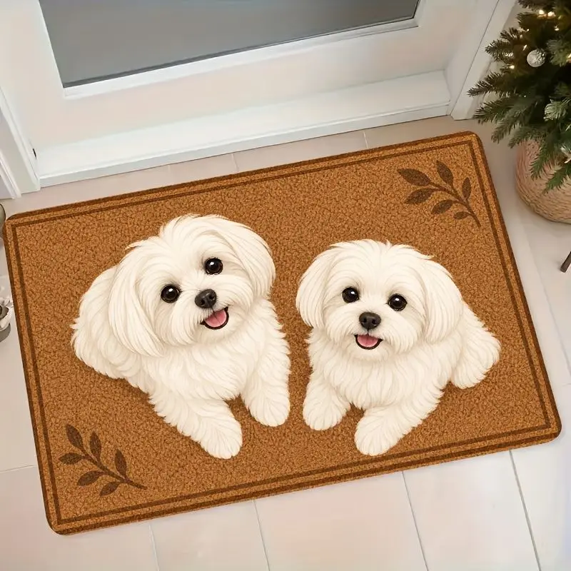 VIKAMA Two Adorable White Long-Haired Puppy Rugs—Soft, Non-Slip Indoor/Outdoor Entry Mats and Front Door Porch Decor