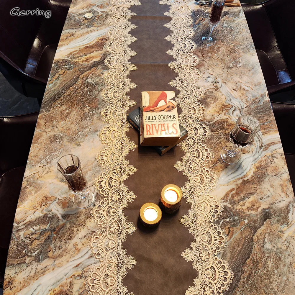 Gerring European Table Flag Waterproof And Oil Proof Wash Free Luxury Lace Tablecloth TV Cabinet Dust Cover Brown Table Runner