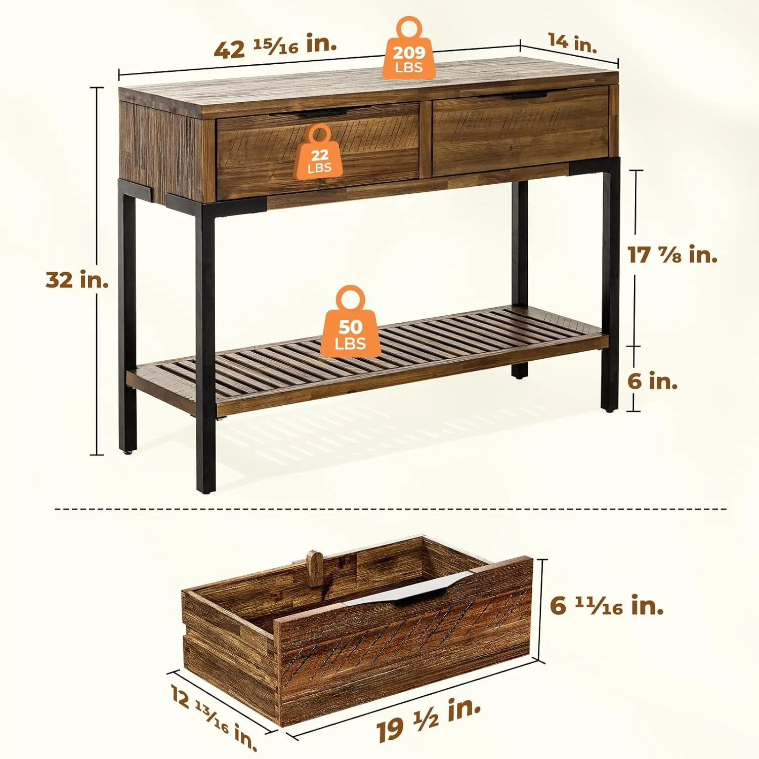 Millie Farmhouse Solid Wood Console Table with 2 Drawers & Storage Shelves, 43