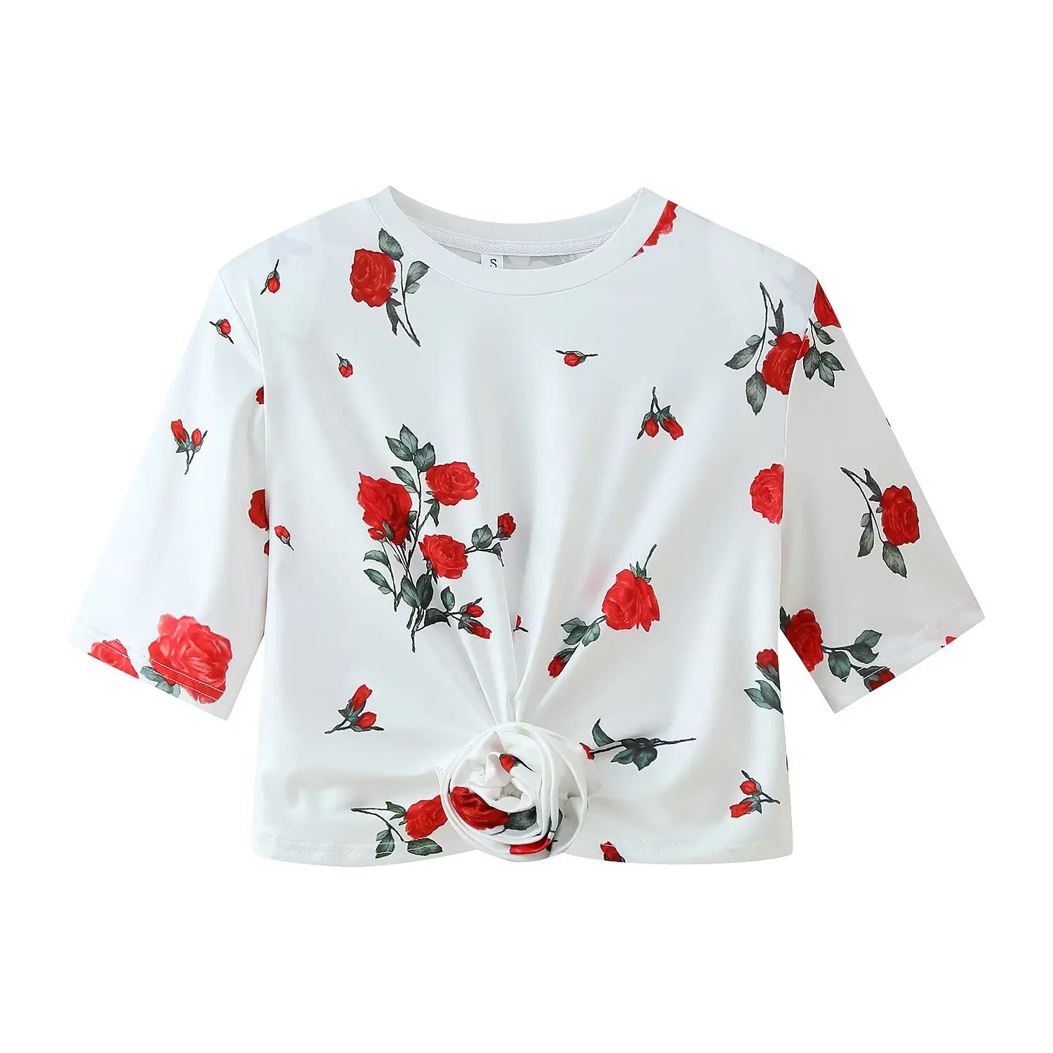 

Korejepo New Women Clothing European American Fashion Simple Round Neck Shoulder Pad Flower Decoration Short Sleeve T-shirt