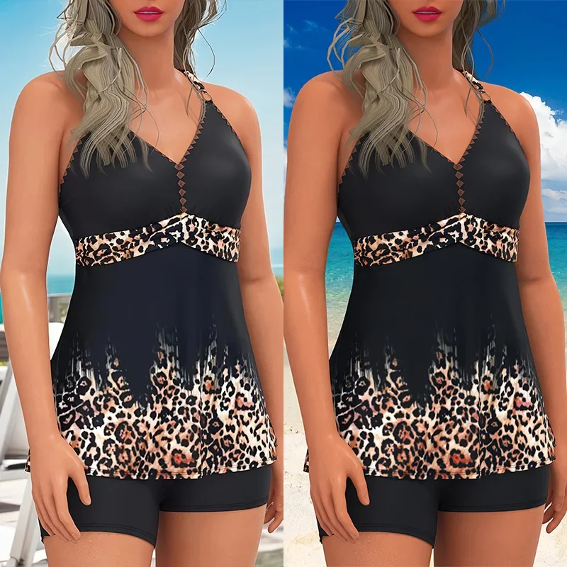 Sommer-Damen-Badeanzug mit Leopardenmuster, schmeichelhafter Tankini mit Shorts, lässiger Vintage-Zweiteiler-Badeanzug, Strand- und Urlaubskleidung