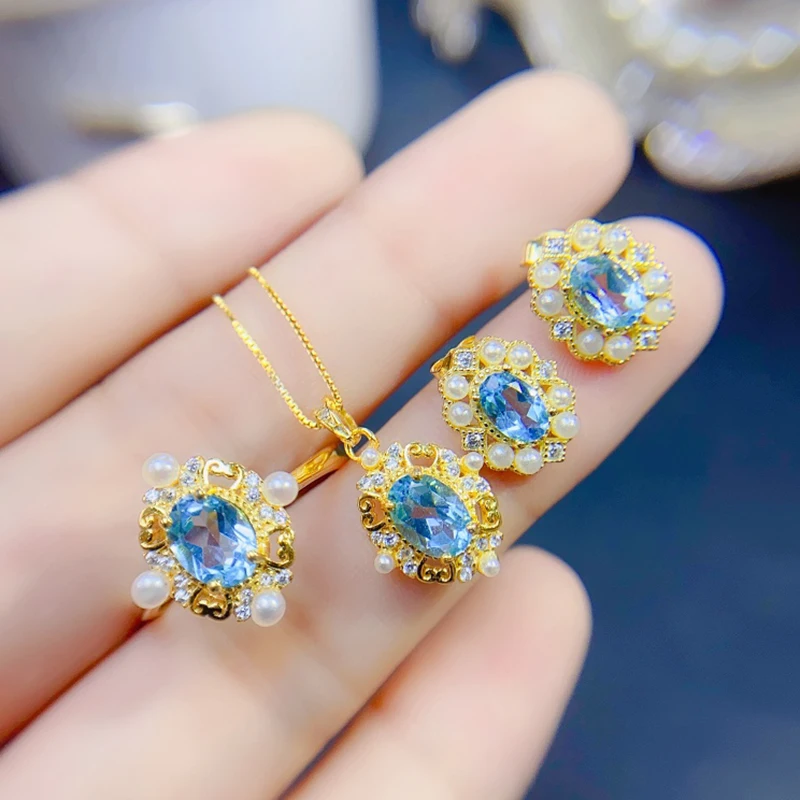 

Natural Topaz jewelry sets for women rings earrings pendant silver 925 luxury gem stones 18k gold plated free shiping items