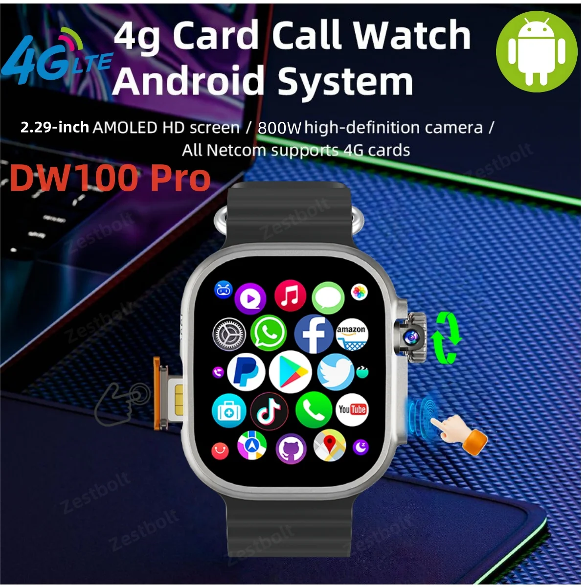 

DW100 Pro Fingerprint unlock Touch ID Smartwatch 2.29inch Amoled S10 Ultra 3 Smart Watch Rotary Camera GPS WIFI Connect Sim Card