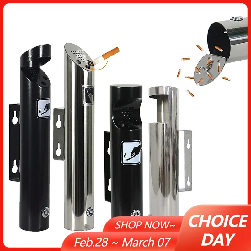 Outdoor Cylinder Wall Mounted Ashtray Stainless Steel Cigarette Ash Bin Outside Patio Public Cigarette Ash Tray Bin Ashtrays
