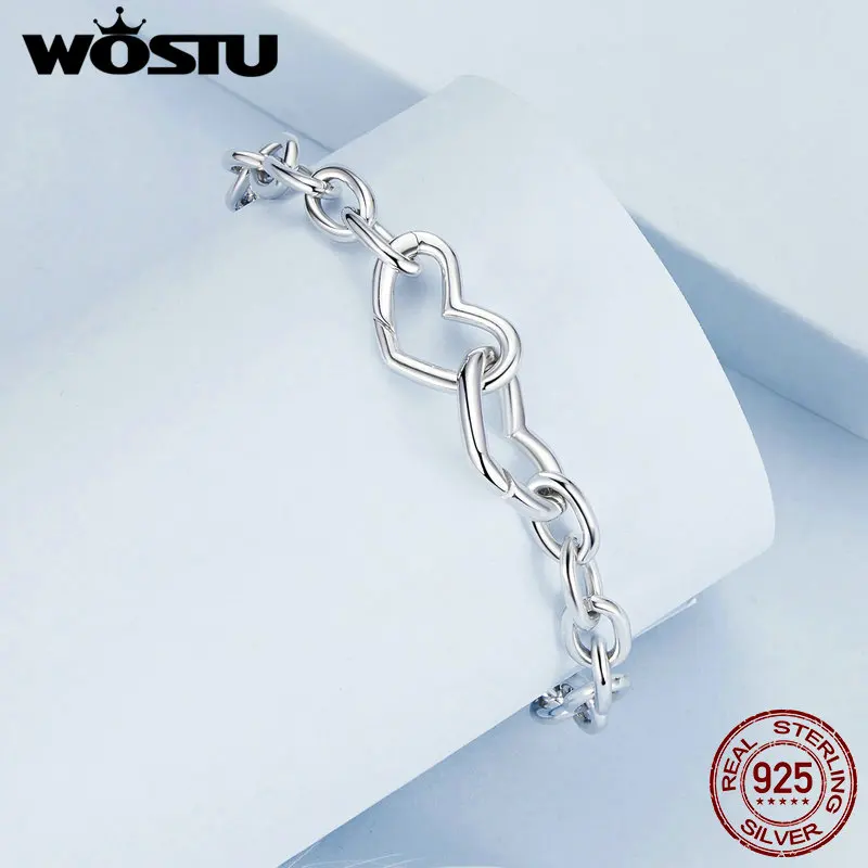 WOSTU 925 Sterling Silver Hearts Clasped Bracelet White Gold Plated for Women Date Wedding Party Fine Jewelry Lovely Gift 190mm