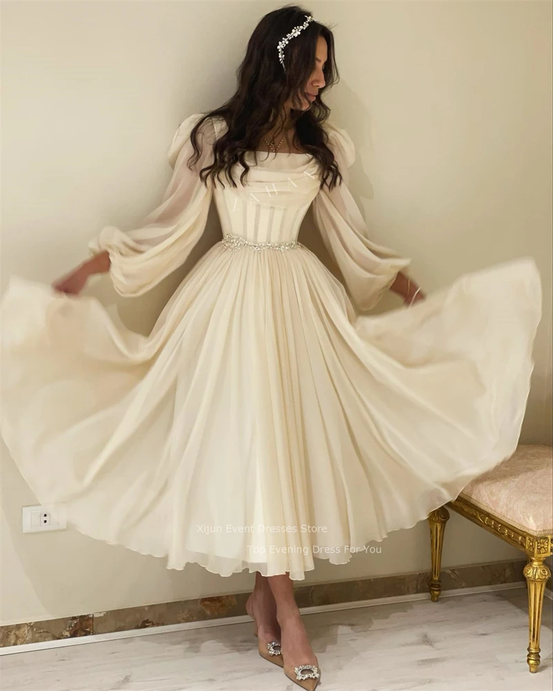 Xijun Chiffon Long Sleeves Prom Dresses Pleats Crystal Beaded Prom Gowns Formal Party Elegant Gowns Dubai Evening Dress Women