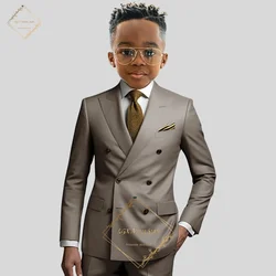 Boys Khaki Elegant Double Breasted Suit 2 Piece Set, Custom Peak Lapel Jacket Pants Wedding Party Formal Occasion Suit