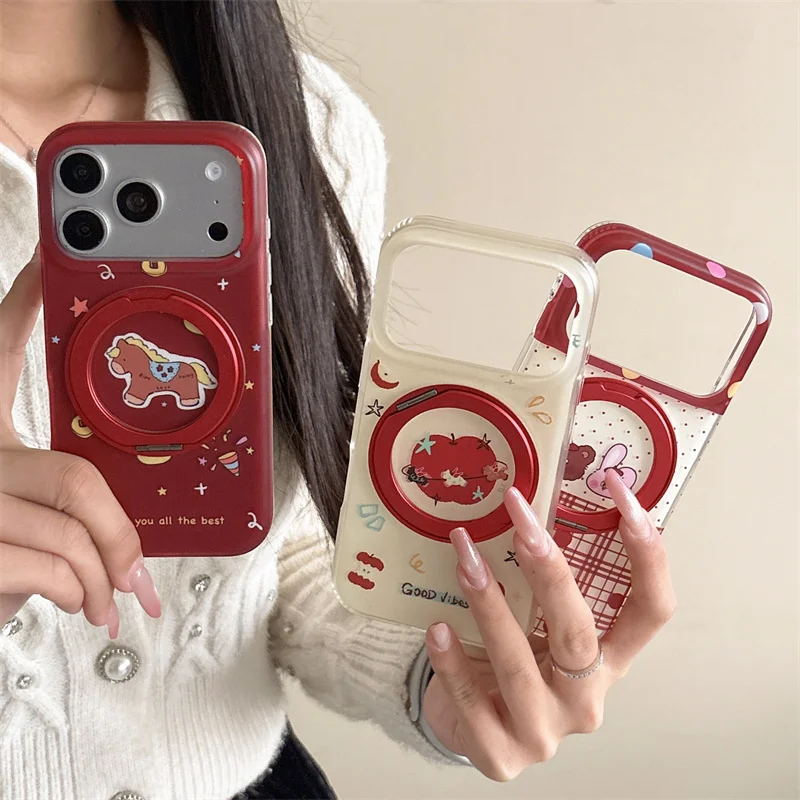 

Cute Bear Bunny Magnetic Phone Case with 360 Rotation Stand Red Plaid Good Vibes Cover for iPhone 17 16 15 14 Pro Max