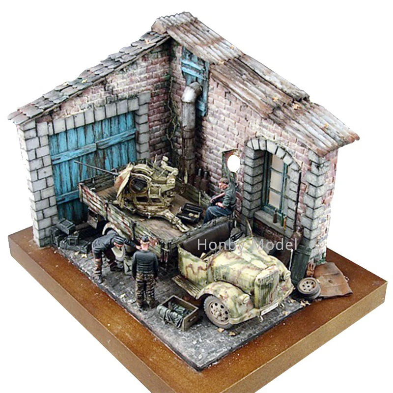 Handmade DIY 3D Puzzles Kits Wooden Ruins Corner House 1:35 Scale Miniature Sand Table War Architecture Layouts Foam Wood Roof