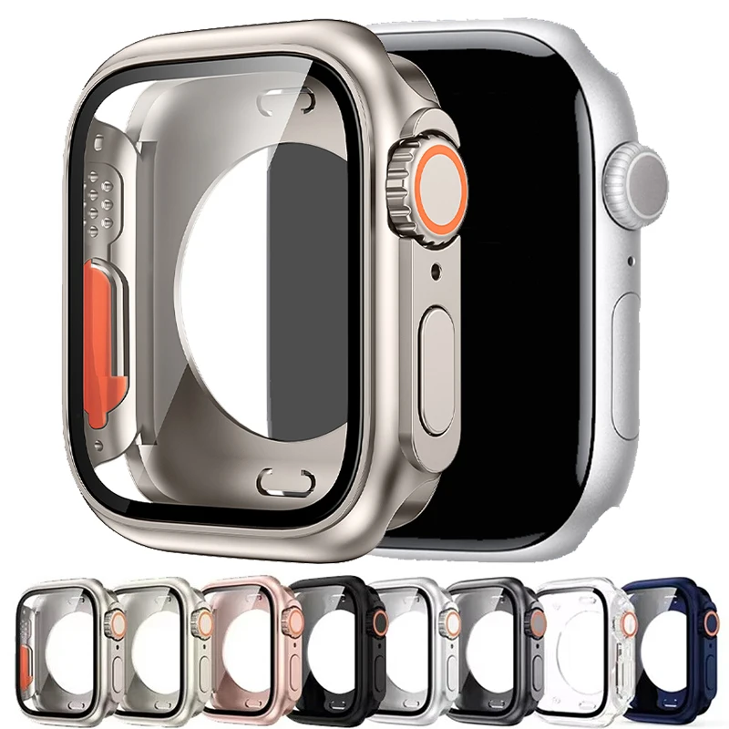 Casing PC keras untuk Apple Watch, pelindung layar Tempered Glass 46mm 42mm 45mm 44mm untuk IWatch 10 9 8 7 6 se berubah ke Ultra