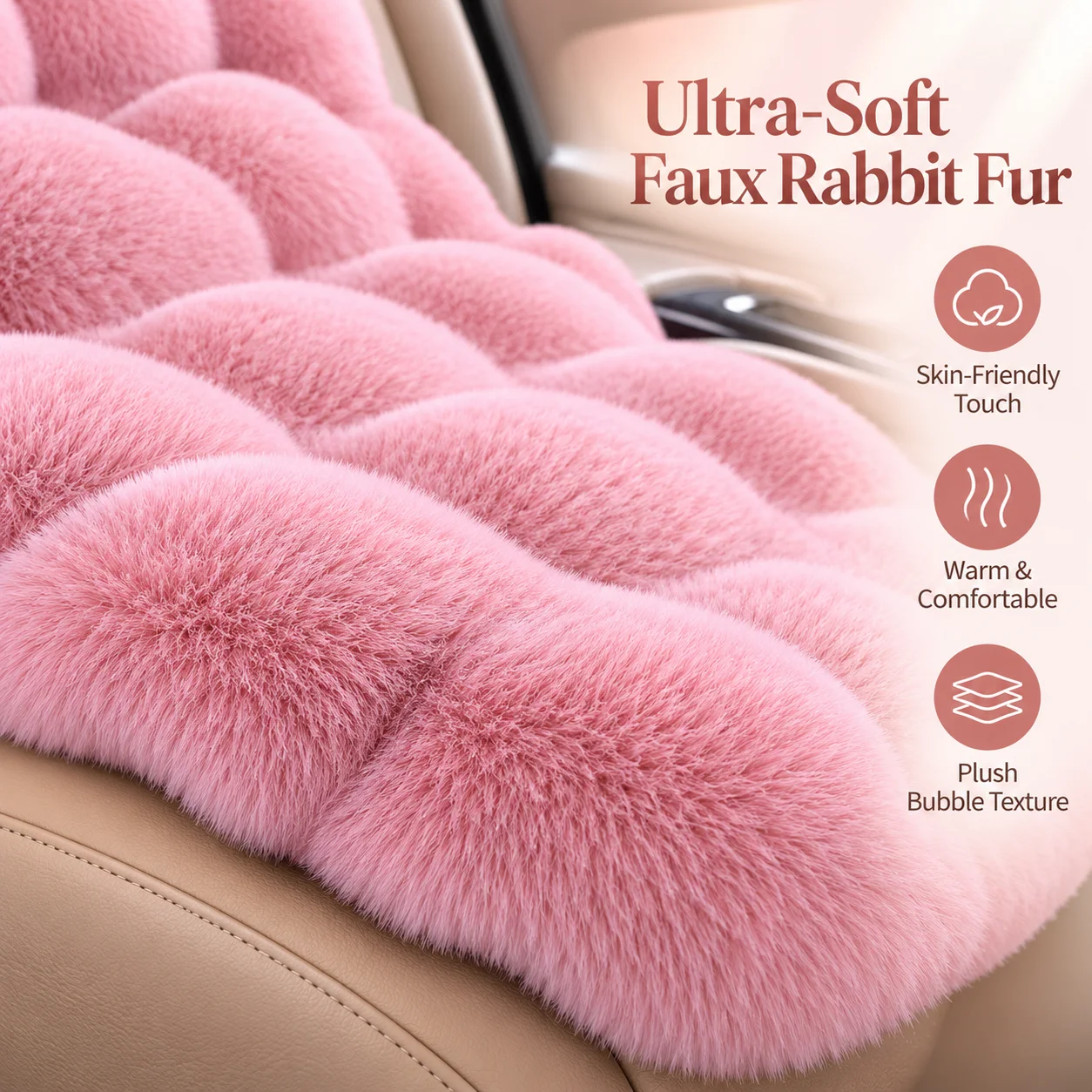 4PCS Faux Rabbit Fur Car Seat Cushion Set, Winter Warm Bubble Plush Seat Covers, Universal Fit for 5-Seat Cars SUVs Interior