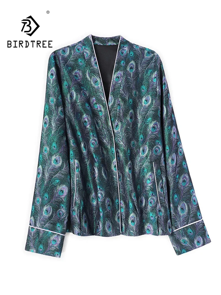 BirdTree-45MM Silk Song Brocade Elegant Coat, V Neck Long Sleeve, Women Retro Design Loose Cardigan, 2026 Autumn New C6O432CC