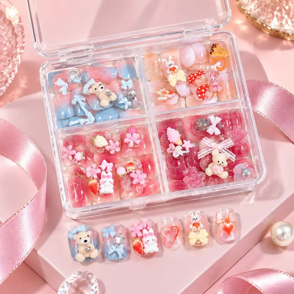 3D Stereo Charm Press‑On False Nails 96Pcs 4‑Grid Box Kawaii Mixed Styles For Professional Salon Quick Manicure Accessory Set