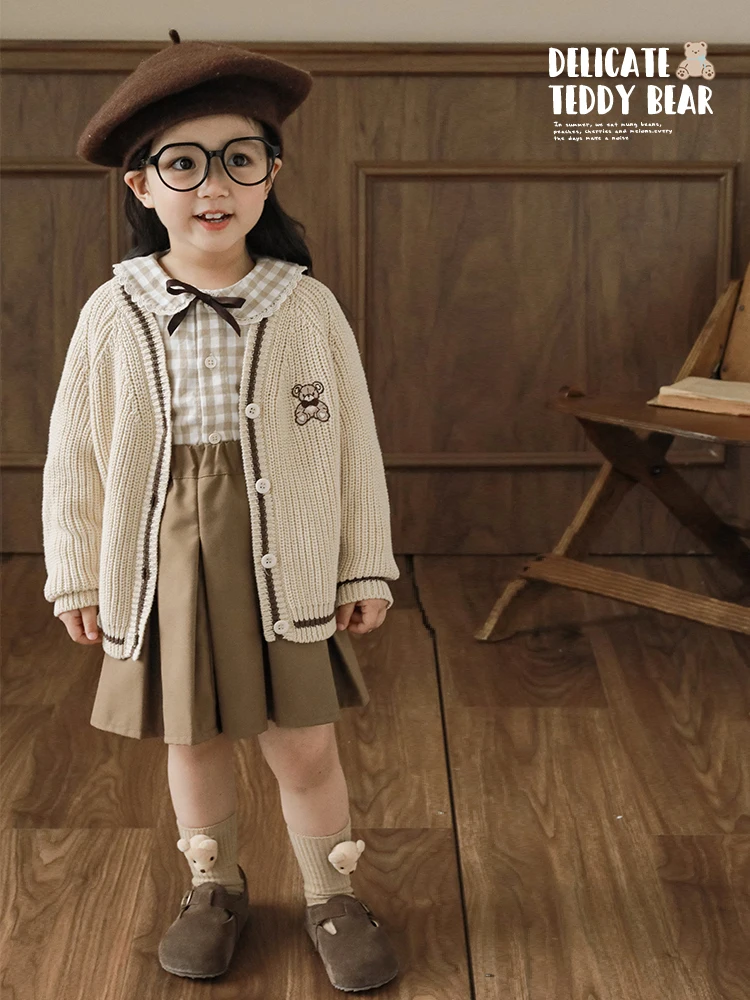 Girls' Two-piece Sets Checkered Spring Autumn Children's Bear Embroidered  Shirt Cardigan Coat