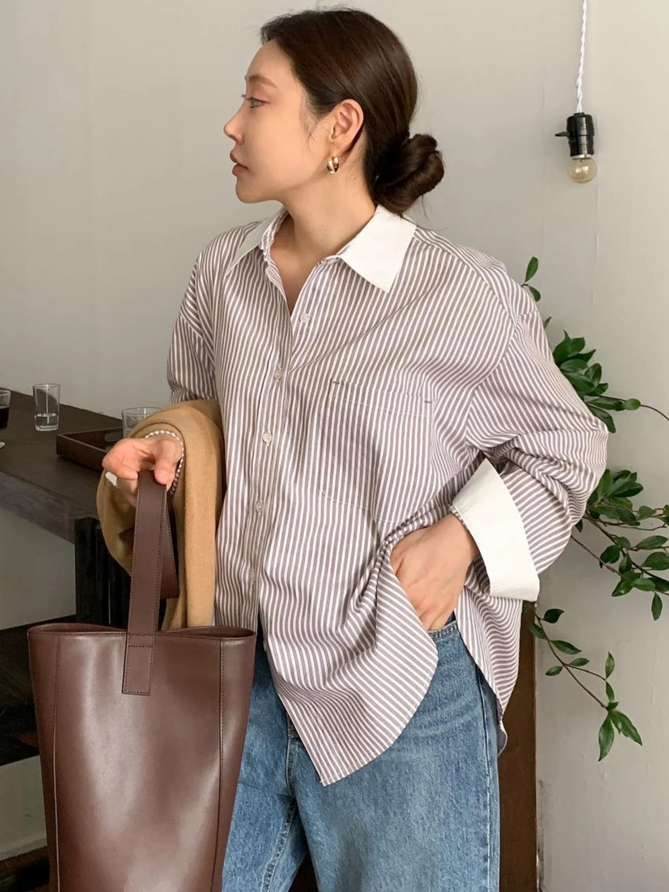 

Chic Casual Stripe Long Sve irt Loose Fit Turn-down Collar Autumn Top for Women Seven Sve Length Striped Pattern