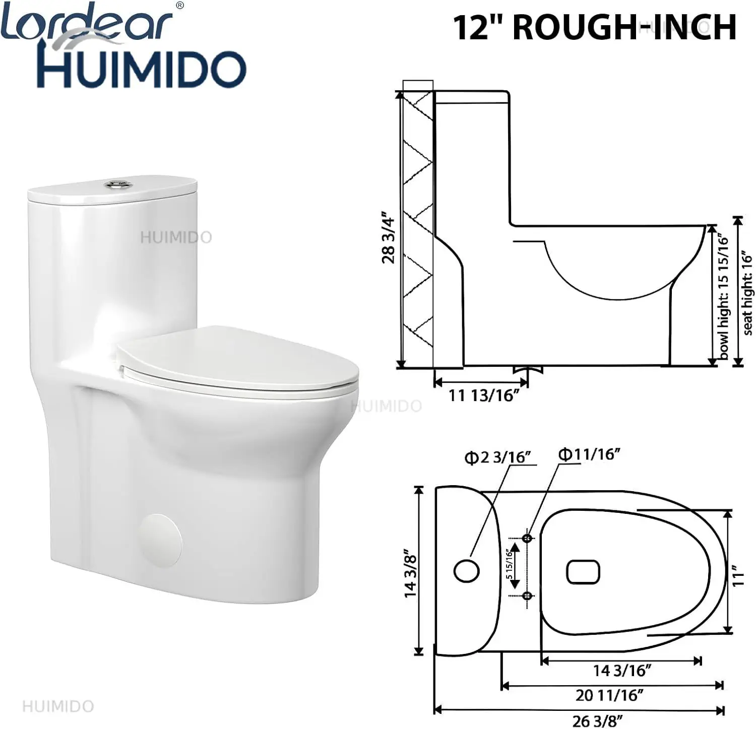 Piece Toilets for Bathrooms - 1.1/1.6 GPF Standard Dual Flush, 17