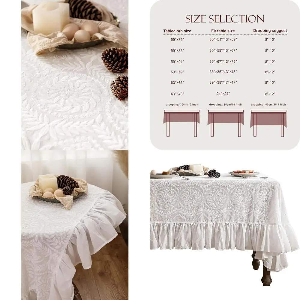 

Элегантная белая хлопковая скатерть с рюшами и вышивкой, 59x75, идеально подходит для столовой в фермерском доме, свадеб и праздников.