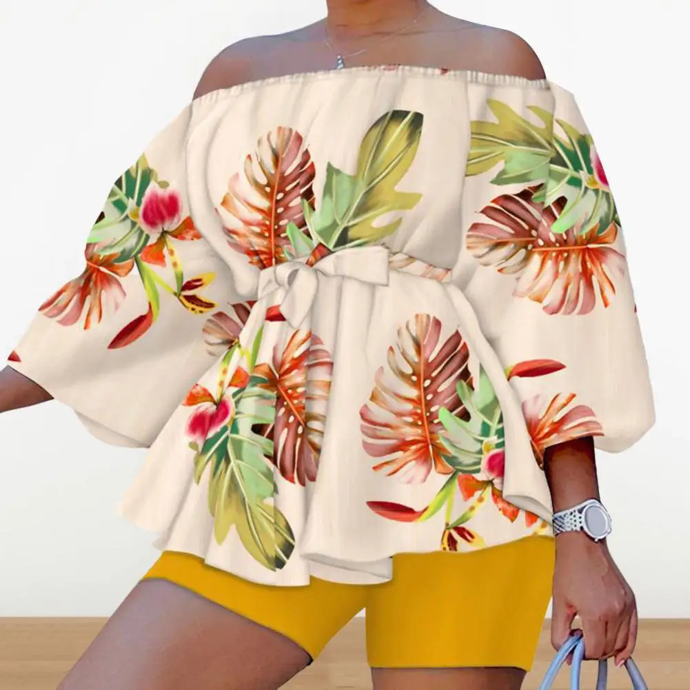 Slash Neck Leaves Print Vest Short Pants Set Stretch Hem Off Shoulder Lantern Sleeve Top Shorts Set Beachwear Lady Casual Outfit