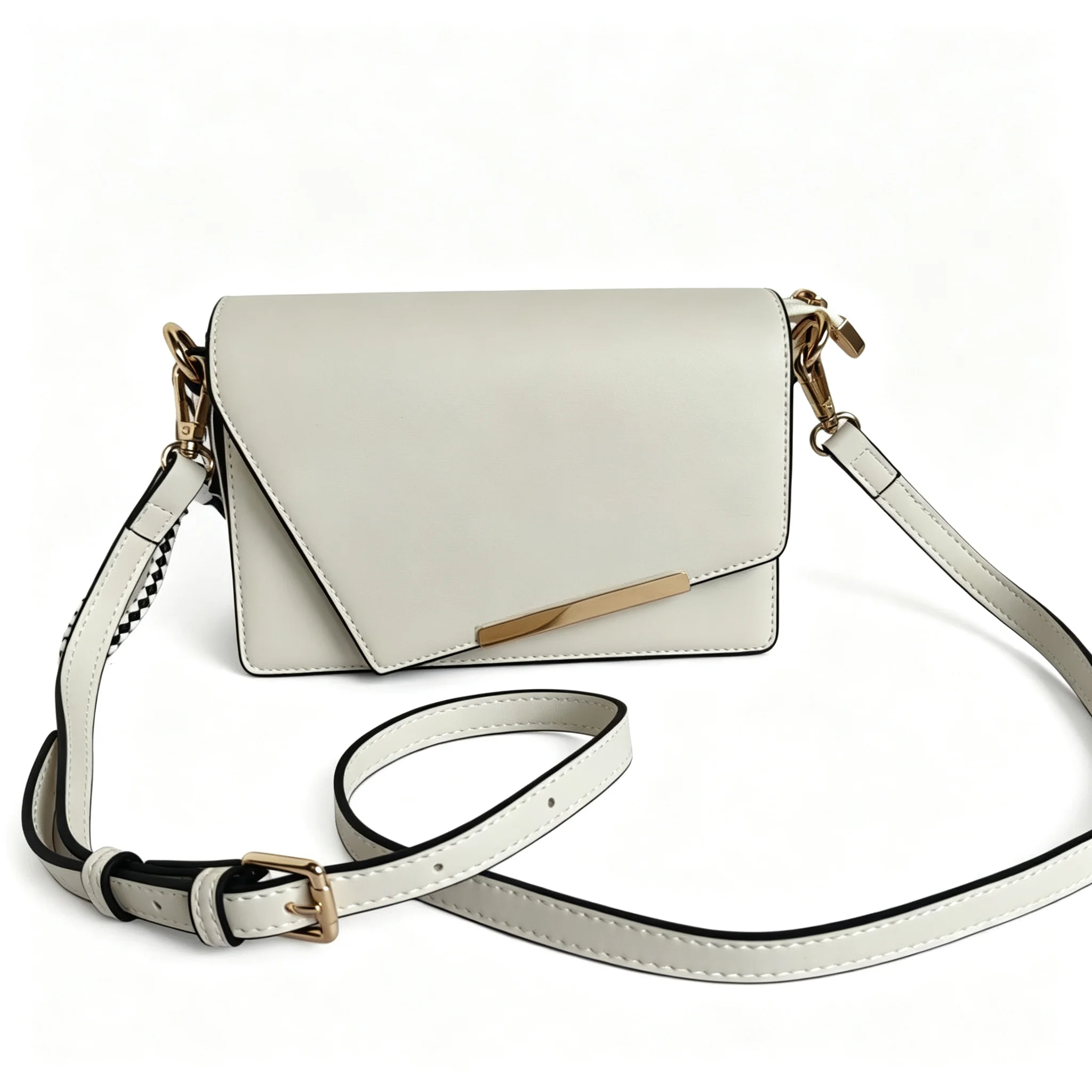 White PU Leather Flap Crossbody Bag Gold Hardware Adjustable Strap Minimalist Designer Handbag Purse Large Capacity For Women