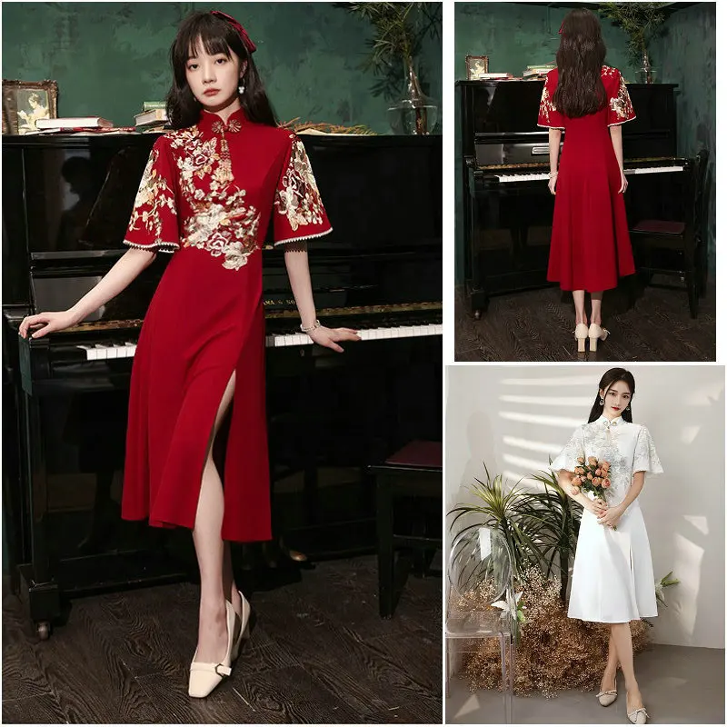 

Red Wedding Dress Long Sleeve Chinese Style Mid-Length Slimming Evening Gown for Wedding Banquet Party Celebration