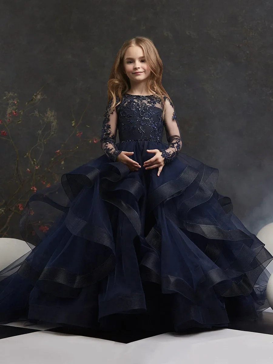 Tulle Flower Girl Dress For Wedding Sequined Lace Princess Pageant Dresses Toddler Girls Full Sleeve Birthday Party Ball Gown