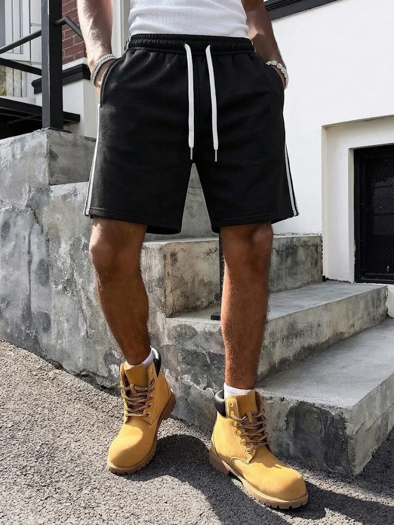 Summer men's side striped sports shorts, black drawstring casual five quarter pants, cross-border men's clothing