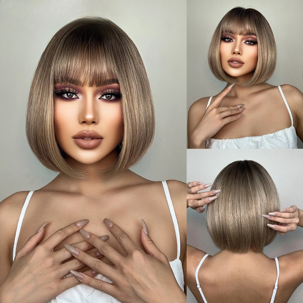 

Short straight hair Qi bangs bobo head European and American chemical fiber wig female full headgear