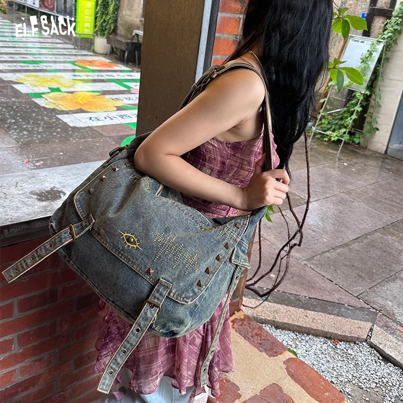

ELFSACK 2025 Summer New Arrival Vintage Embroidered Washed Denim Tote Bag Large Capacity Shoulder Bag for woman