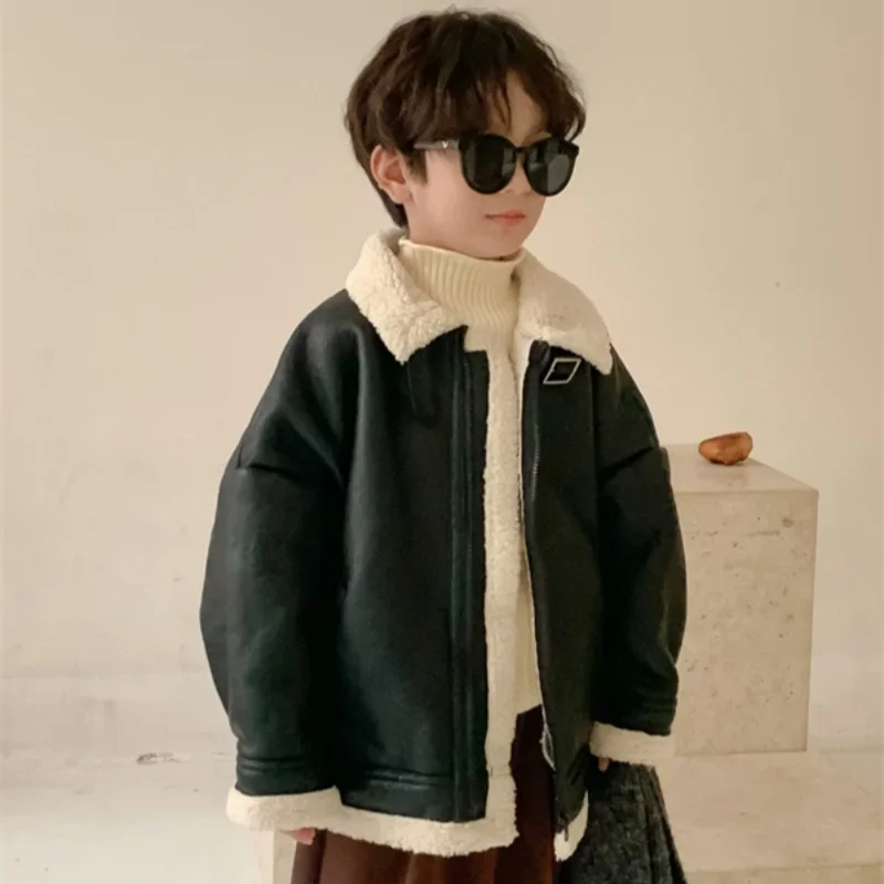 Boys Coat Jacket Cotton Windbreak 2024 Furs PU Warm Plus Thicken Spring Autumn Tracksuit Teenagers Children's Clothing