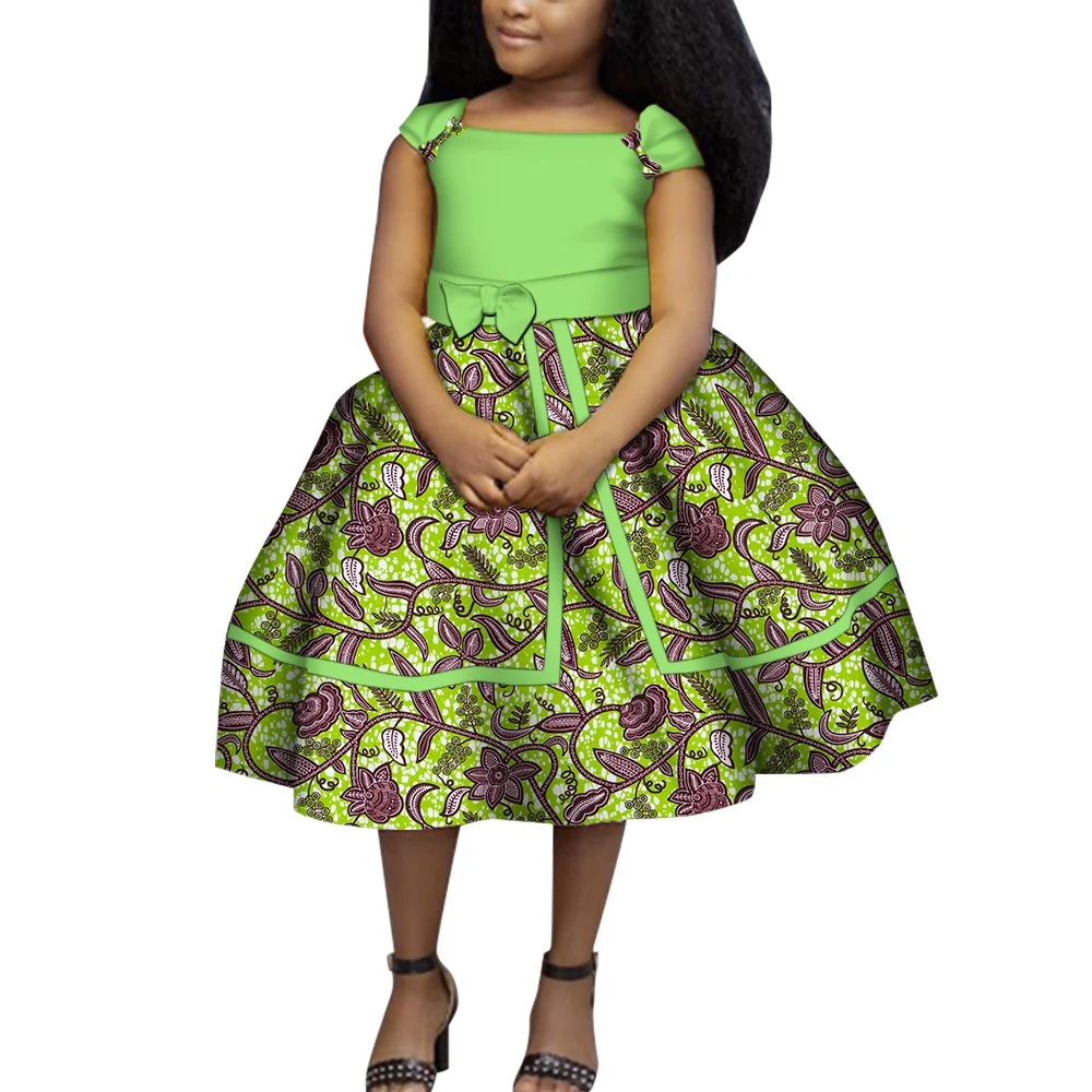 

Lovely Girls Dresses Bazin Riche African Print Bow Tie Cute Ankara Dresses for Kids Children African Clothing Party Dress WYT525