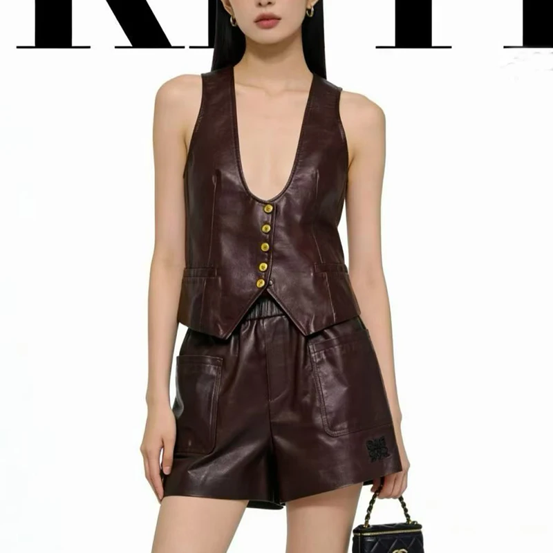 Women Spring Genuine Leather Vest Jacket Fashion Classic Black Burnished Real Sleeveless Leather Waistcoat