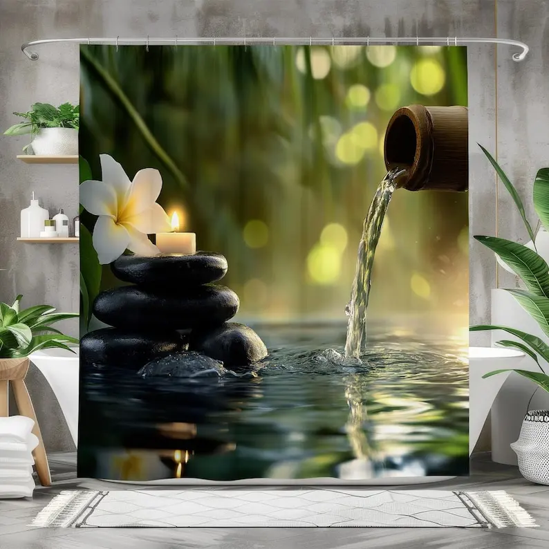 Rideau de douche en tissu imperméable à thème Spa, cascade et bougie Zen, rideau de bain Tranquil d'inspiration naturelle pour décoration de salle de bain