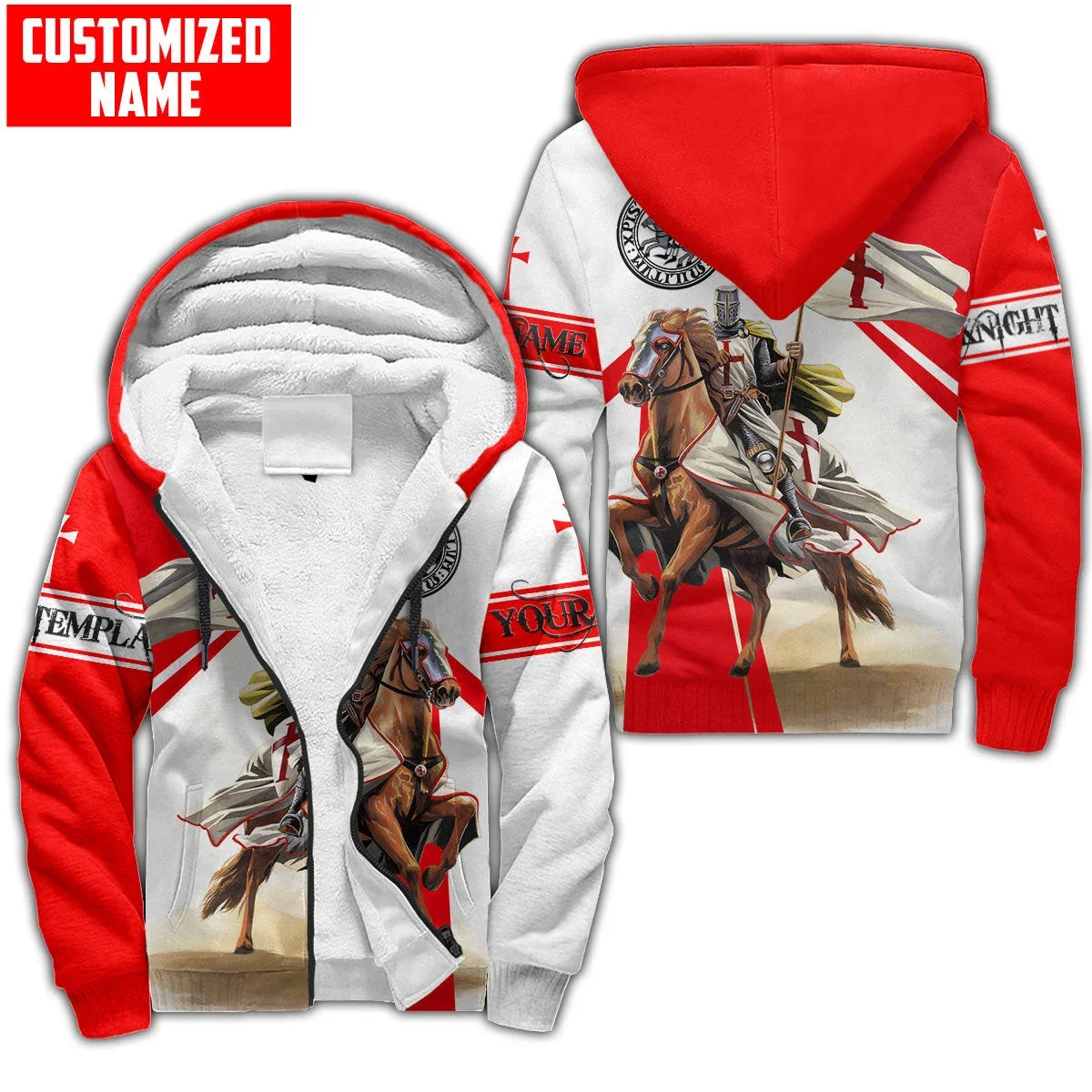 

Knights Templar Red Custom Name 3D Printed Fashion Men's Fleece Zip Hoodie Unisex Casual Winter Thicker Warm zipped jacket JH15