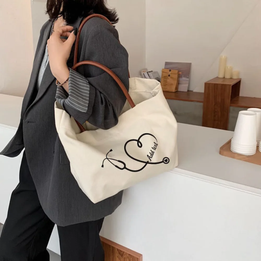 

Free Customed Canvas Tote Bag Personalized Nurse Theme Print Large Handbag For Registered Nurse Hospital Work Daily Grocery