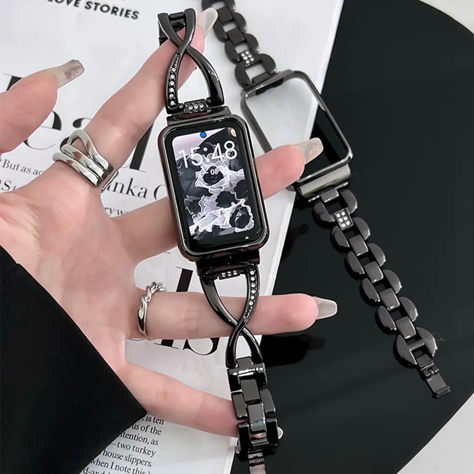 สายรัดโลหะสำหรับ Xiaomi Mi Band 7 Pro พร้อมเคส, สายรัดแฟชั่นสีดำหรูหราและเยี่ยมชมสำหรับ Miband 7 Pro, สายรัดข้อมือสำหรับการแทนที่